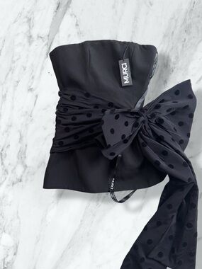 Murci Strapless Black Polka-Dot Bow Bustier Dress